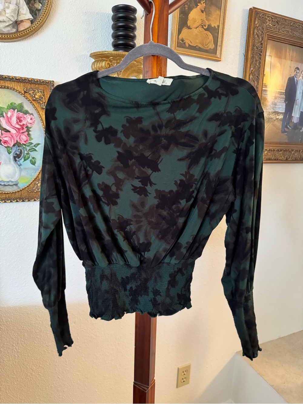 Madewell Dark Green and Black Floral Smocked-Waist Blouse